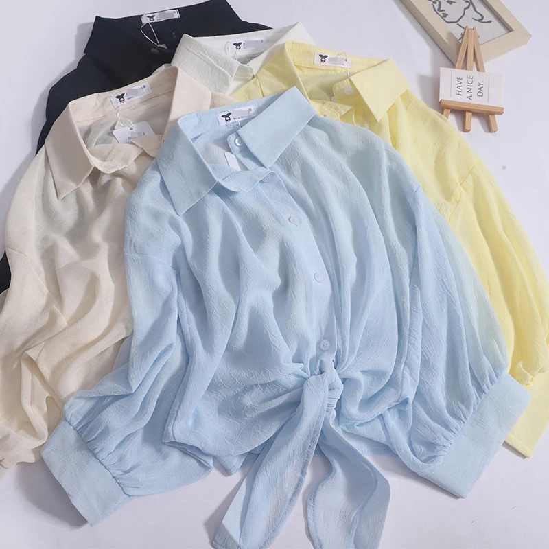 Chiffon Shirt for Women Spring Summer Lace-up Thin Short Shirt Casual Fashion Batwing Sleeve Loose Blouse Shirts Sweet Color