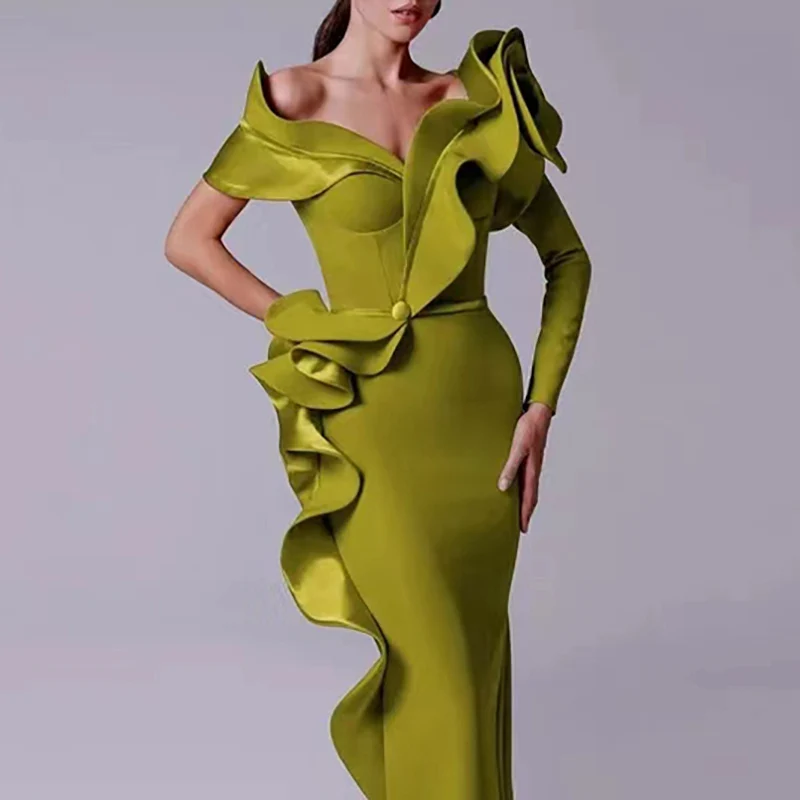 Elegante vestido largo de noche para mujer, prenda de satén con cuello en V, longitud hasta el suelo, volantes de sirena, para fiesta de graduación, Gala, eventos especiales, baile, Maxi, 2023