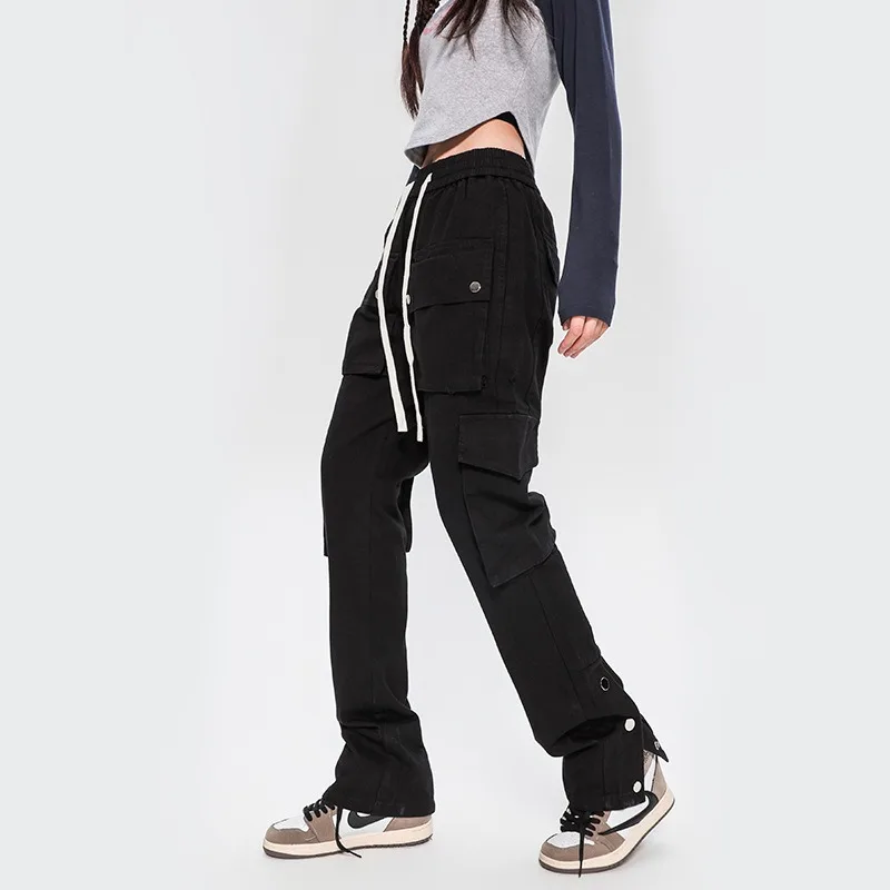 Ou fl europa e américa linha fivela 95 algodão calças de carga feminina high street vibe vários bolsos na moda marca calças femininas