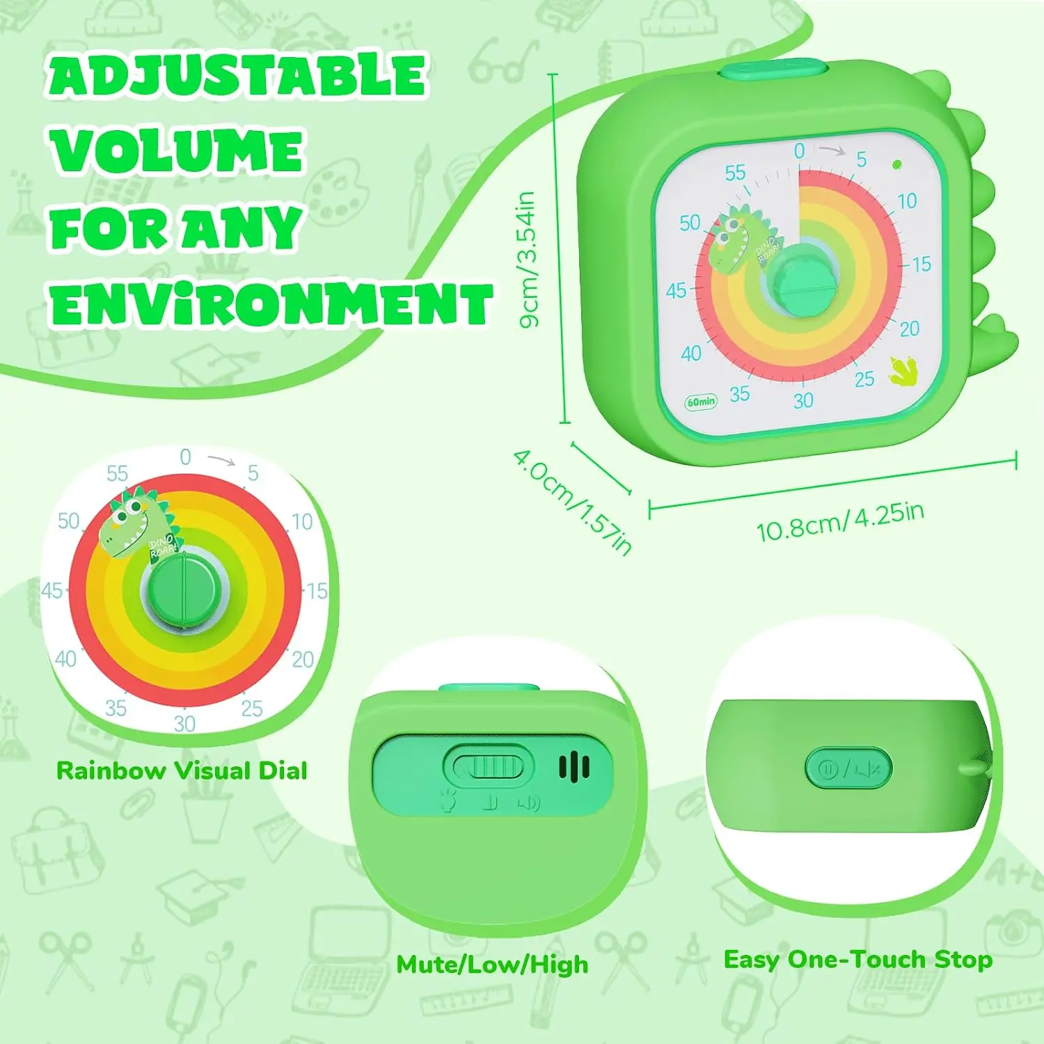 Dinosaur Visual Timer with Protective Case Rainbow Disk 60 Minute Countdown Timer for Kids Adults Silent Time Management Tool