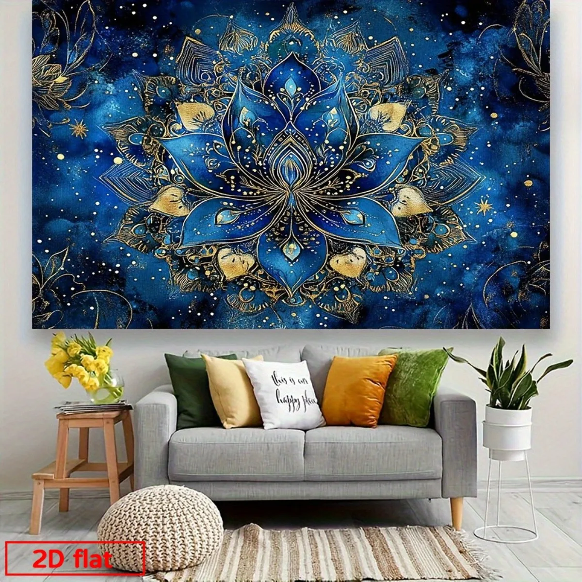 Boho Mandala Tapestry Blue Gold Floral Wall Decor Bohemian Spiritual Lotus Hanging Art for Living Room Bedroom