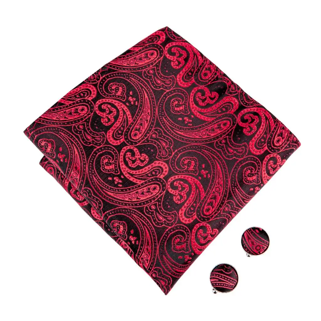 Hi-Tie Luxury Red Burgundy Silk Men\'s Bowtie Pocket Square Cufflinks Brooch Set Butterfly Knot Bow Tie for Men Wedding Groomsman