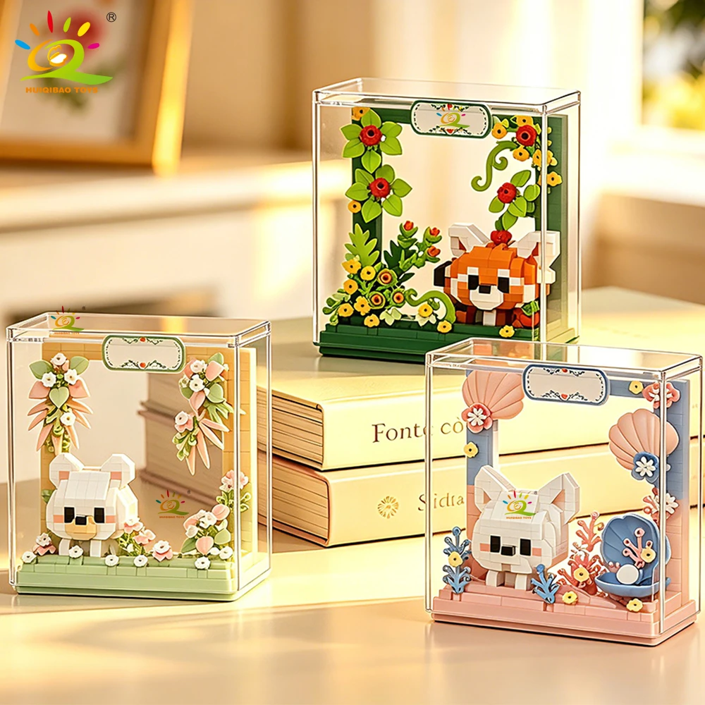 HUIQIBAO MINI Cute Animal Panda Shaped With Dust-Proof Box Building Blocks DIY Pet Micro Desktop Decoration Bricks Toys Adult