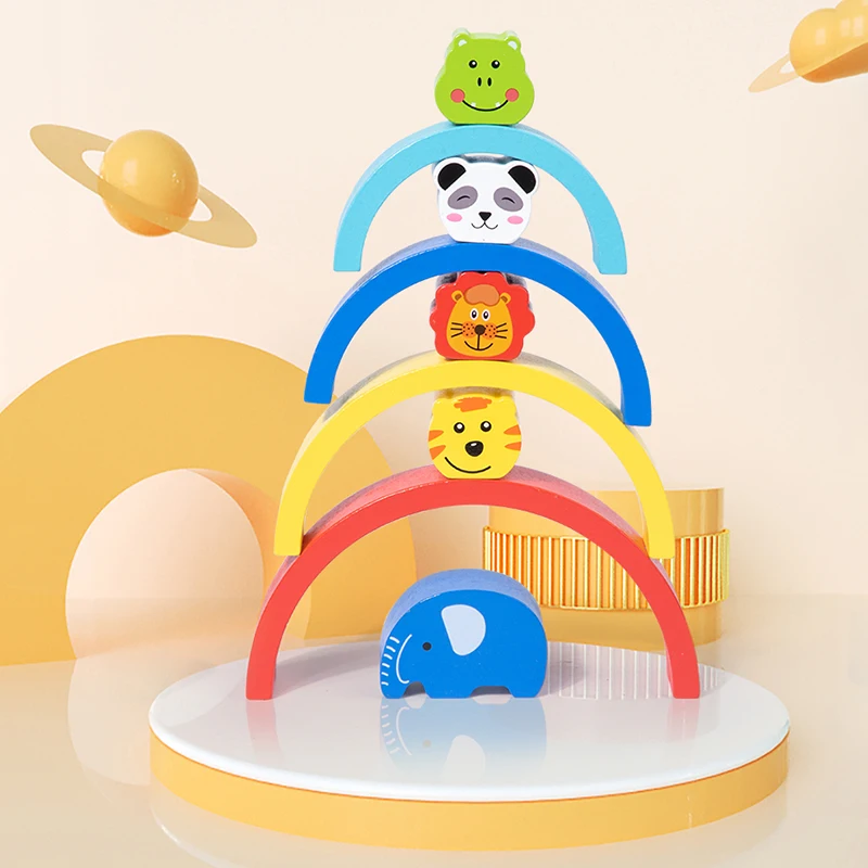 Blocs de construction en bois pour bébé, Puzzle d'équilibre arc-en-ciel, Animal mignon, jouets éducatifs précoces Montessori, anneau de dentition, cadeaux, nouvelle collection