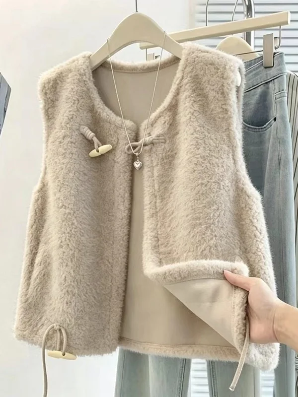Sweet And Gentle Brand Women's Fashion Layered Buttoned Faux Fur Vest with Bow Tie Horned Buttons Winter Outerwear