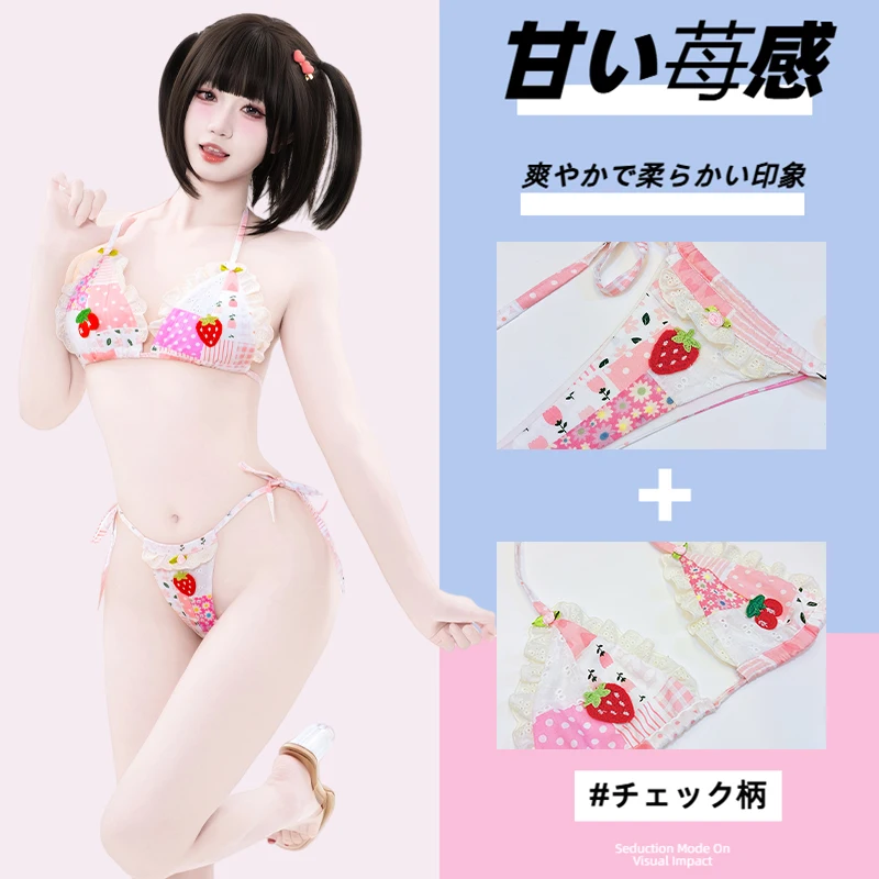 SENMHS 2025 جديد وأصلي لطيف الفراولة طباعة بيكيني مثير ثلاث قطع ملابس السباحة مجموعة النساء تأثيري الملابس الداخلية الوردي ملابس الشاطئ #1