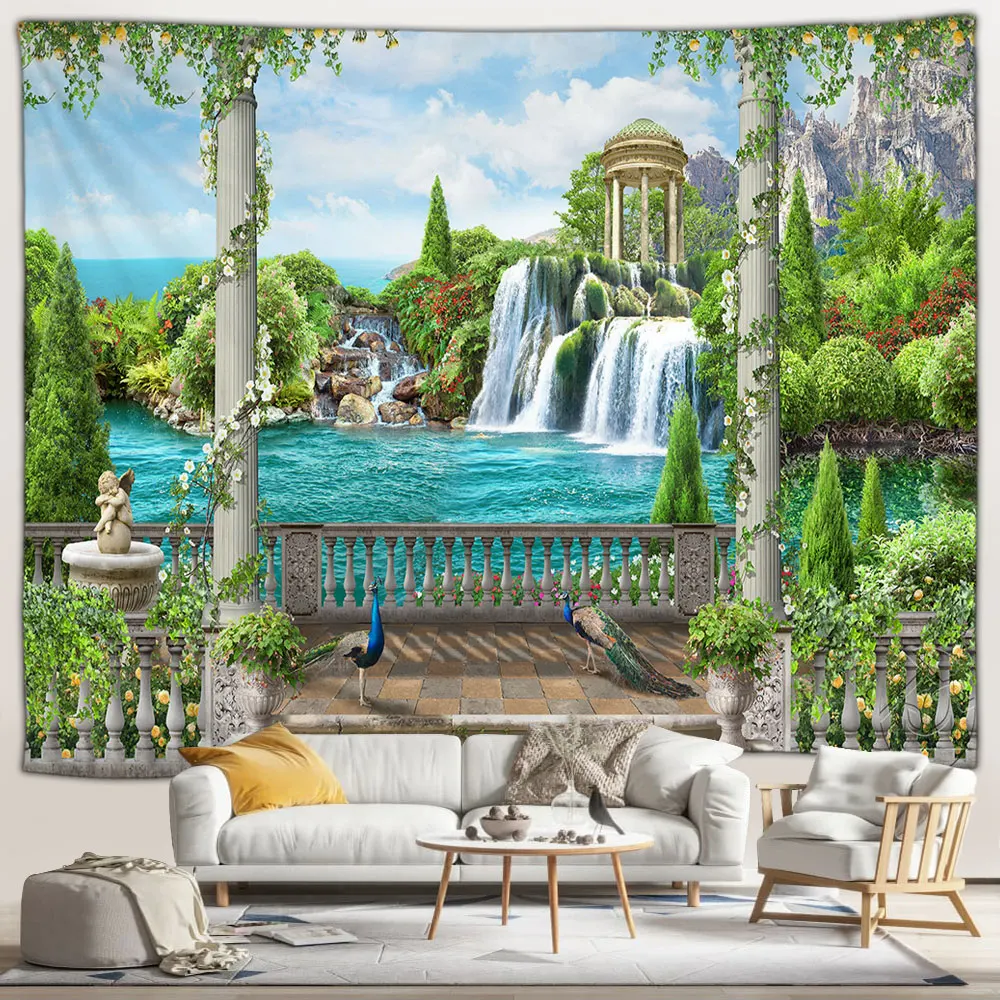 Outdoor Garden Landscape Poster Tapestry Vintage Mediterranean Townscape Polyester Fabric Bath Curtain Bathroom Decor With Hooks