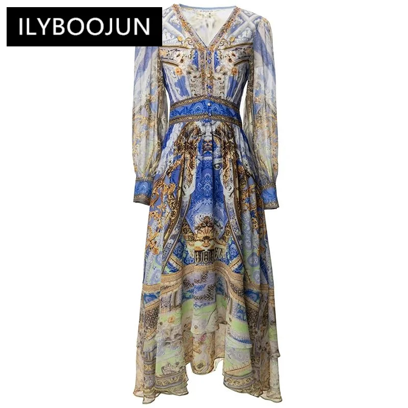 

ILYBOOJUN Fashion Designer Summer Dress Women's V-Neck Lantern Sleeve Crystal Indie Folk Print Dresses