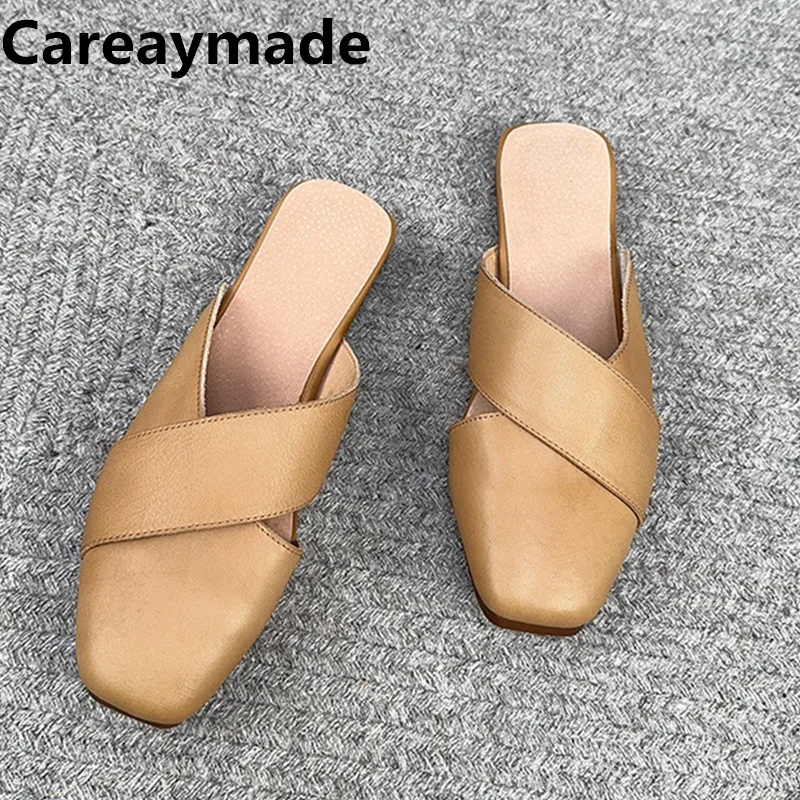 

Careaymade-Genuine Leather pure handmade Women's Slippers,Retro Half Dragged Outerwear Versatile Lazy Cool Dragging Flat Slipper