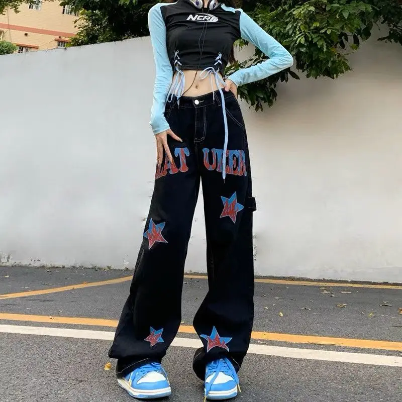 

Korean Fashion New Star Jeans Y2k Style Woman Vintage Pants Streetwear Office Lady High Waist Straight Wide Designer Clothes