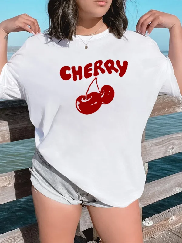 

Cute Cartoon Cherry Print Women T-shirt New Hot Sale Fashion Smile Style Female Shirt Trend Simple Are Elegance Girl Tee