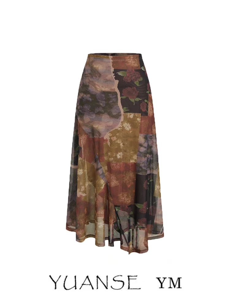 

YUANSE Vintage American Floral Lace Half Skirt Women's Summer Slimming Fashionable A-Line Skirt Elegant Girls Fashion