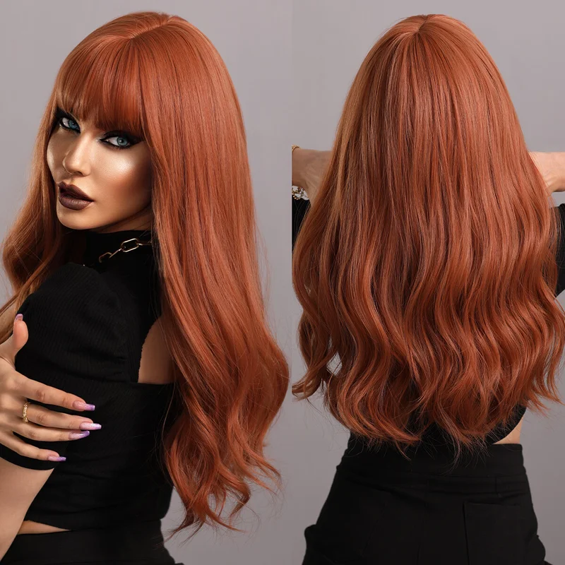 

Women Cosplay Party Wig With Bangs Copper Red Synthetic Hair Long Wavy Wigs