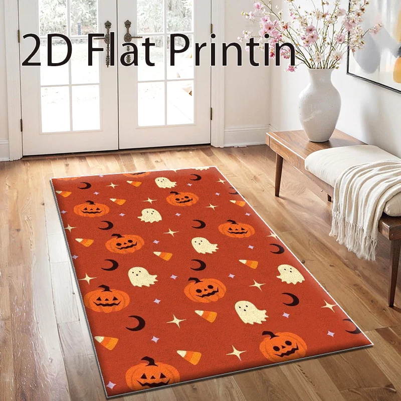 VIKAMA Pumpkin Ghost Halloween Rug,Non‑Slip Floor Mat,Candy Corn Moon Star Carpet for Entryway Living Room Home Decor Rug