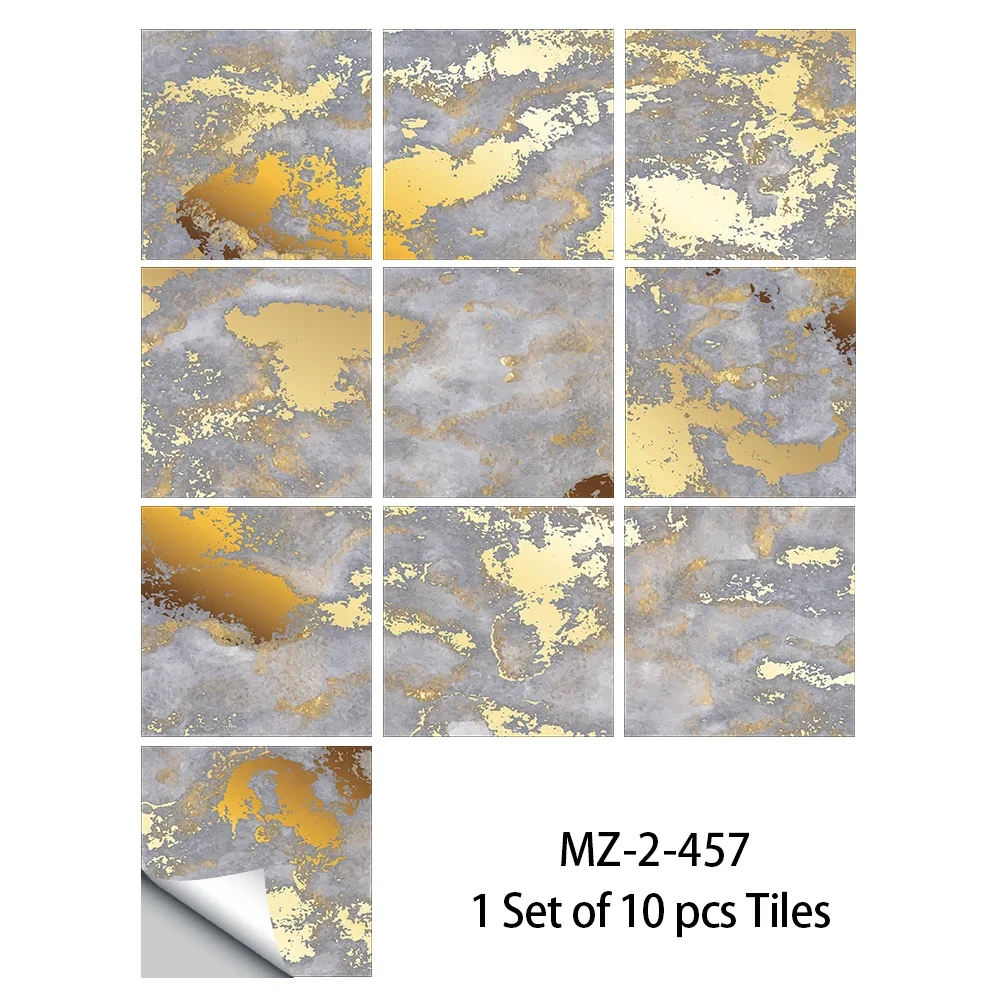 10pcs American Style Golden Marble Pattern Tiles Sticker Kitchen Backsplash Oil-proof Cupboard Waterproof Art Wall Decals