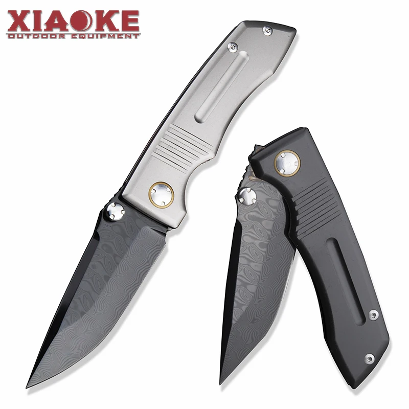 Premium RWL34 Damascus Folding Knife DLC Coated Titanium Handle Collectible Outdoor EDC Pocket Knife