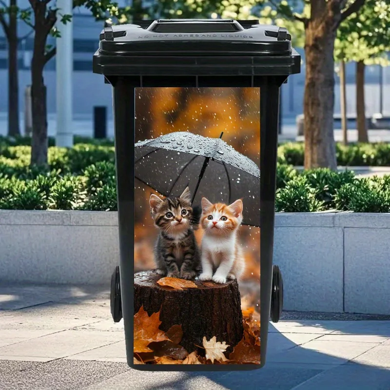 1 Cat Umbrella Autumn Leaf Trash Can Sticker - Waterproof and Durable PVC, Suitable for Trash Can/wall/kitchen Decoration