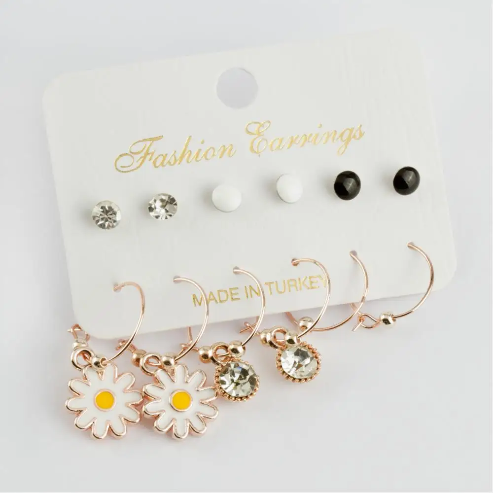 12'li Daisy Figured Cabochons Ring Earrings