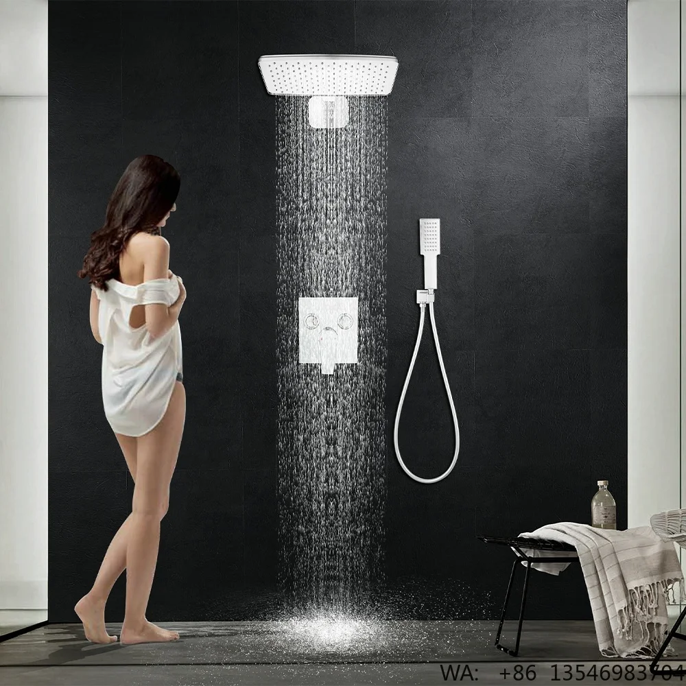 Luxury Bathroom Stainless Steel Ceiling Mounted Rain Shower Head Brass Thermostatic Shower Mixer Tap With PVC Hose
