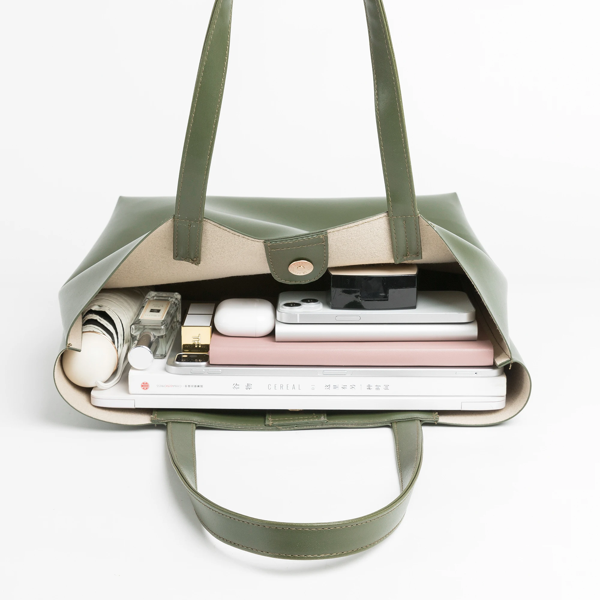 High Quality PU Leather Tote Handbag Unisex Button Closure Women Shopper Bag Large Capcity Simple Student Bookbag Fashion Purse