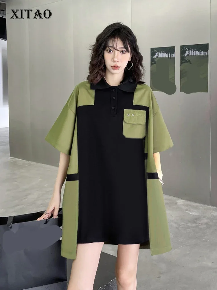 

XITAO Contrast Color Loose Women Dress 2024 New Summer Personalized Fashion Loose Short Sleeve Turn-down Collar Dress HQQ0032