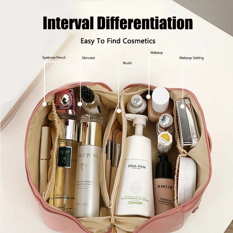 LOERSS Simplicity Make Up Bags for Women Large Capacity Waterproof Storage Bags Solid Color Lattice Comestic Handbags New Design
