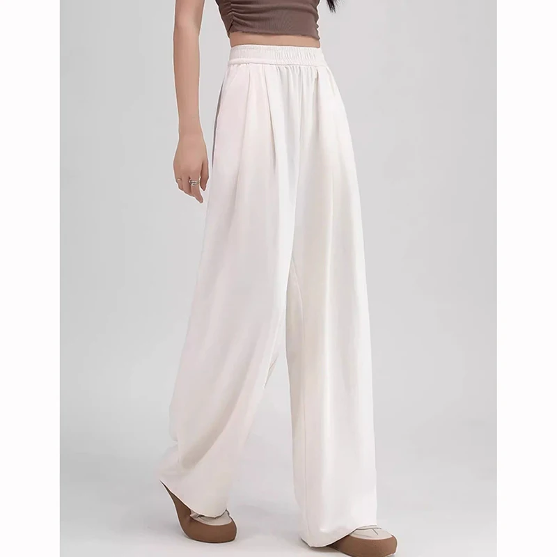 Female Korean Comfortable Solid Daily Pants Girls Fashion Loose High Waist Pants Women Ice Silk Straight Leg Trousers