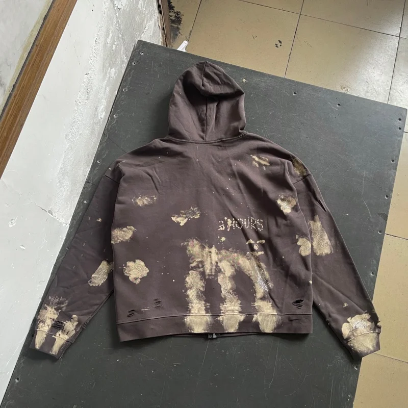 Men Brown Bleach Splash Zip Up Hoodie Paly Rhinestone Letter Distressed Holes sweatshirt