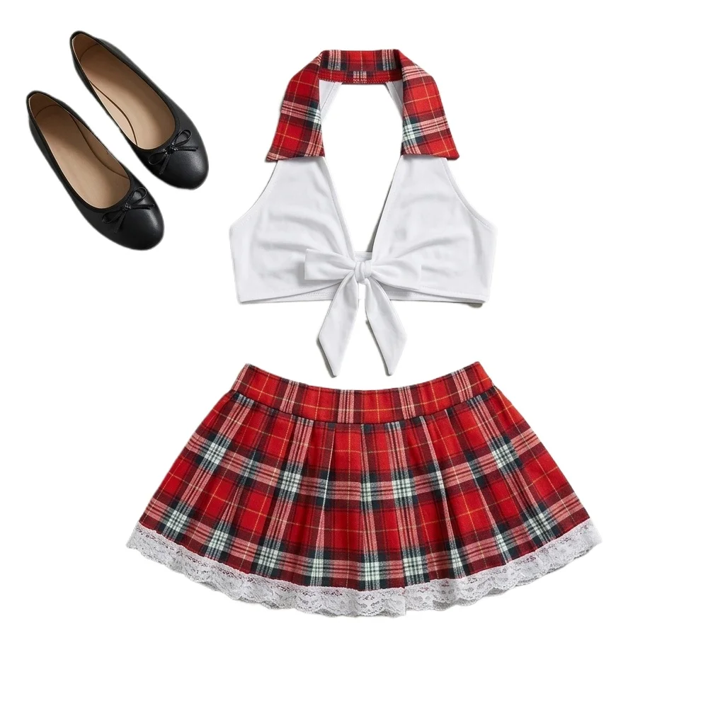 Schoolgirl Lingerie Set for Women, Red Plaid Tie-Front Crop Top and Pleated Mini Skirt, Roleplay Costume for Halloween