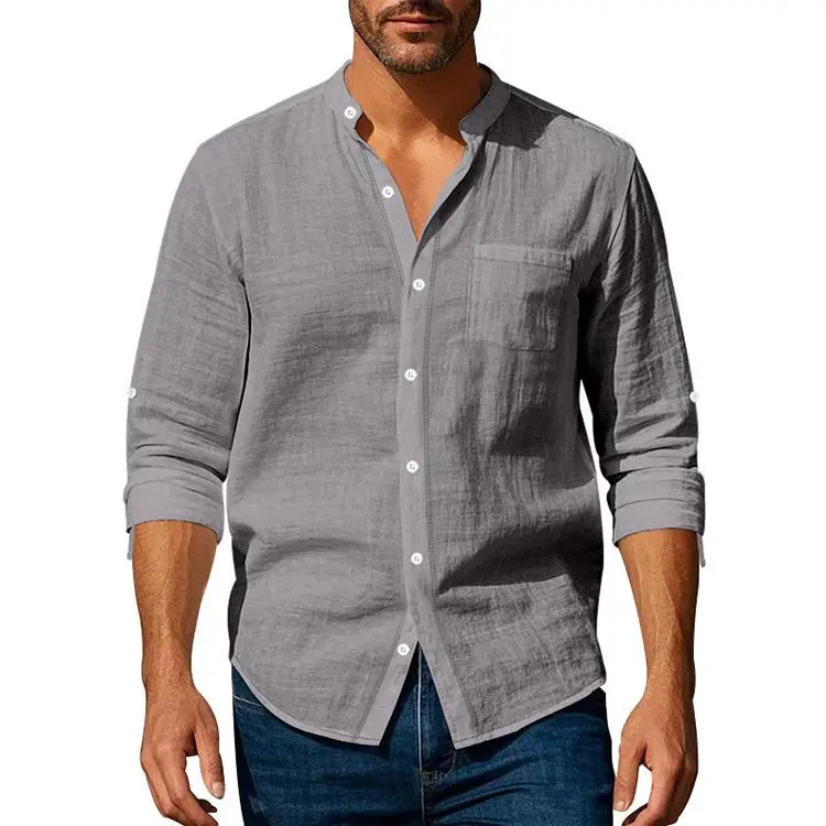 Spring Summer 2026 Men's Henley Shirt Youth Stand-Up Collar Linen Shirt Lazy and Relaxed Sunscreen Long Sleeve Casual Shirt