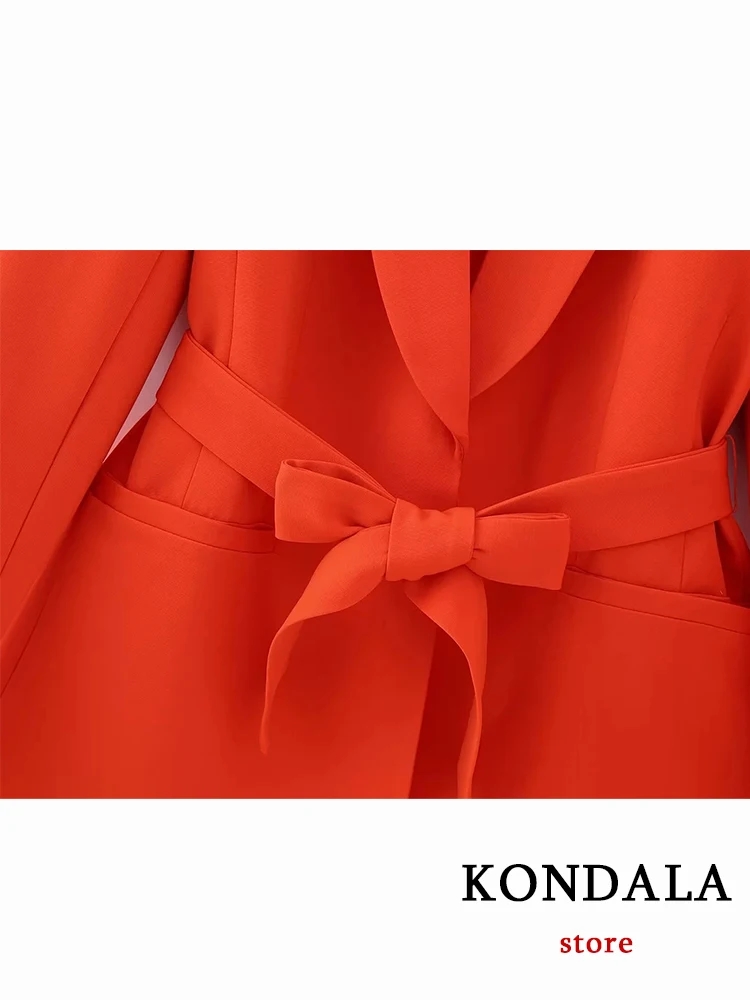 KONDALA Vintage Solid Orange Office Lady Fashion 2023 Spring Women Suits Slim Belt Women Elegant Blazer Zip Wide Leg Long Pants