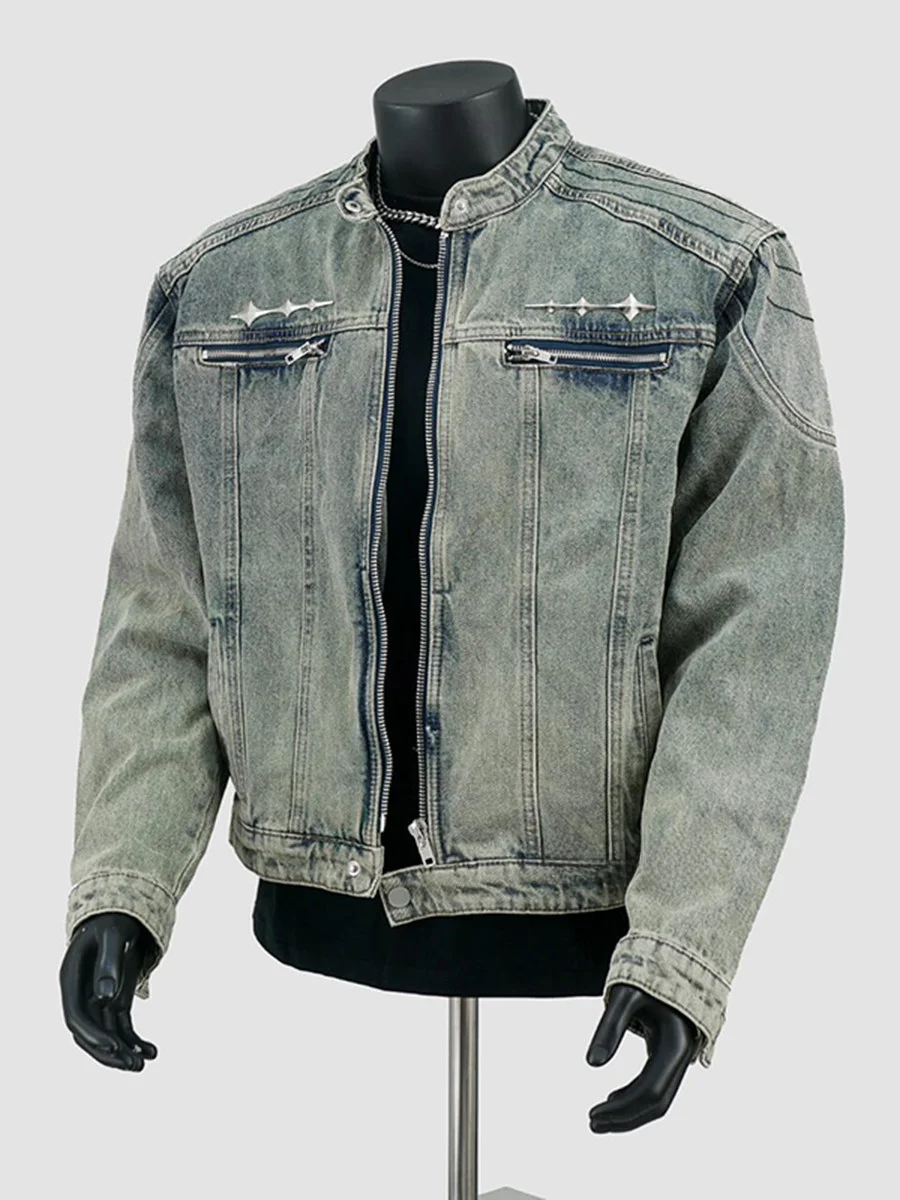 

American Sle ort Padded oulder Denim Jaet Men Spring High Sensation Cool Workwear Cleanfit Stand Collar Utili Jaet