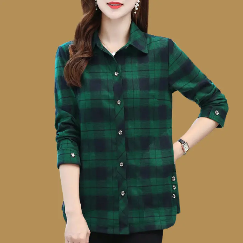 

Spring Autumn Elegant Fashion Harajuku Plaid Tops Women Loose Casual All Match Lady Shirt Polo Collar Button Long Sleeve Blusa