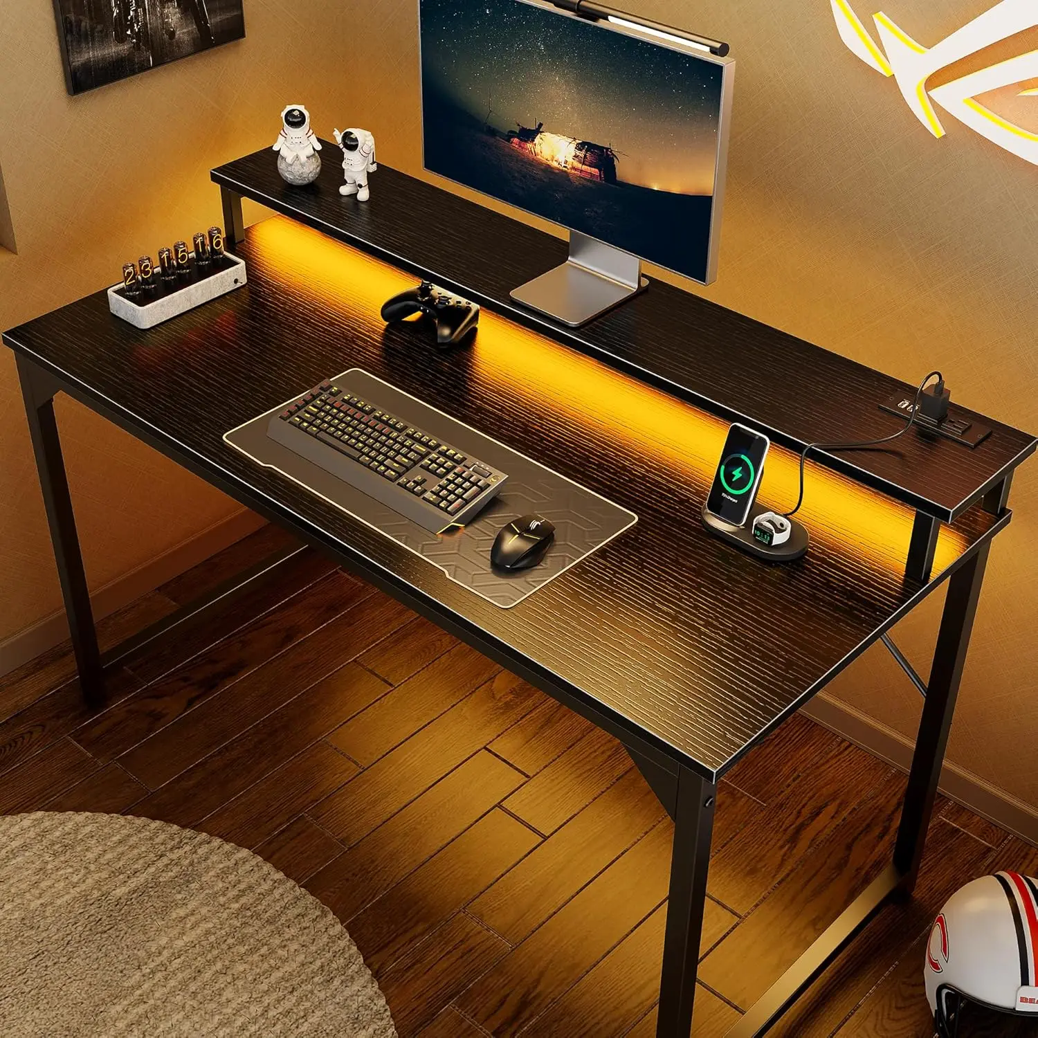 

47 inch computer desk with LED lights and power sockets, home office desk with monitor stand, small desk for home and office