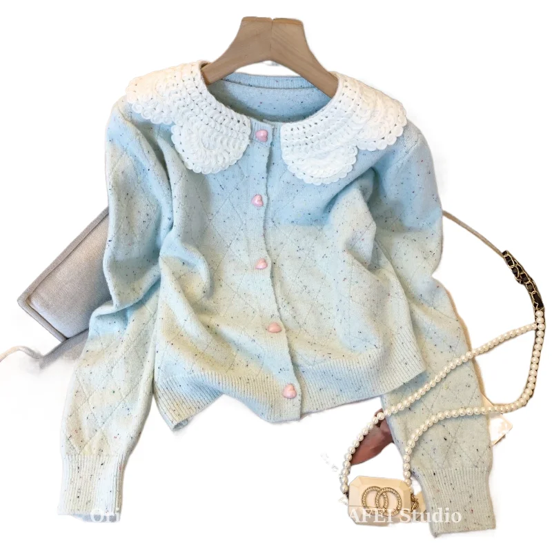 

2024, весенне-осенний милый свитер с воротником Питера Пэна, женский кардиган на пуговицах с длинными рукавами, топ во французском стиле, свободное универсальное пальто