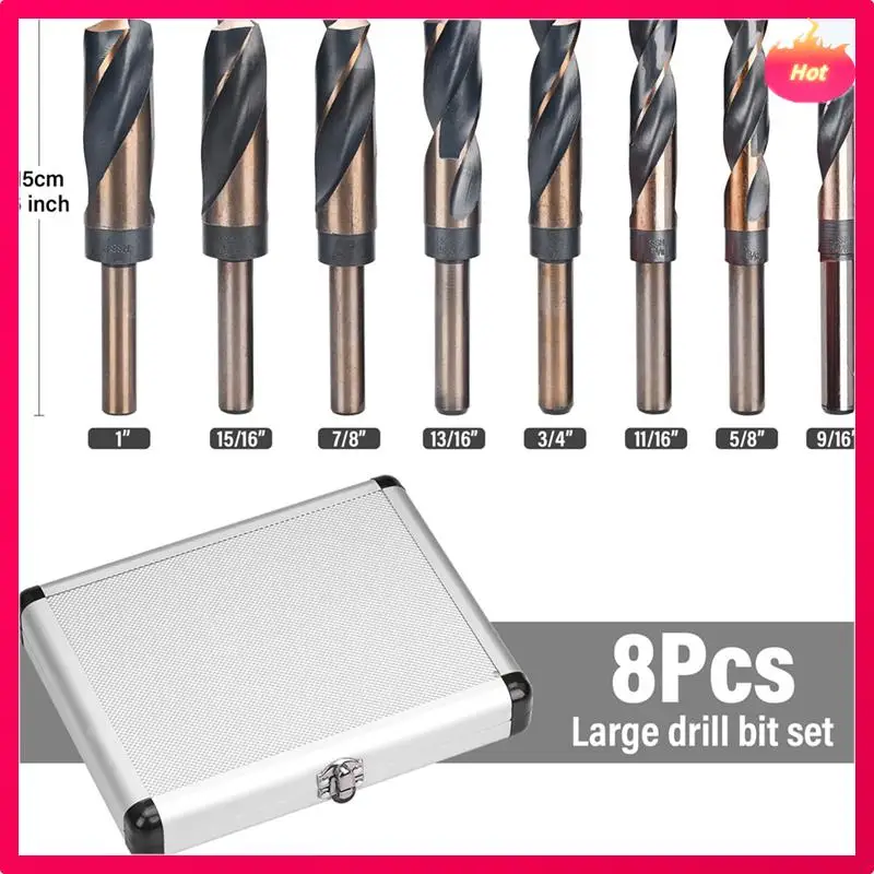 Set di punte da trapano in argento e deming da 8 pezzi Set di punte da trapano con codolo ridotto Gambo da 1/2 pollice di diametro, dimensioni da 9/16 pollici a 1 pollice