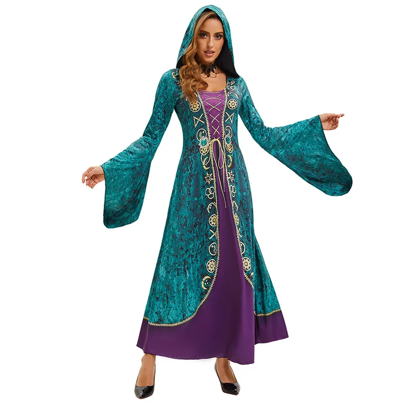 Женское платье ведьмы с капюшоном, готическое платье с рукавами-колокольчиками на Хэллоуин, вечернее платье, элегантные костюмы для косплея, праздничная одежда в стиле аниме