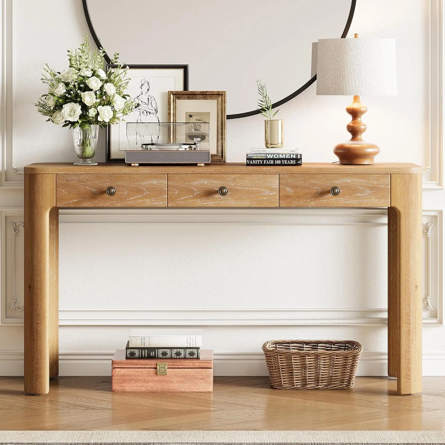 #Curved Console Table With 3 Drawers Rustic Wood Sofa Table Thick Solid Wood Legs Entryway Living Room 52