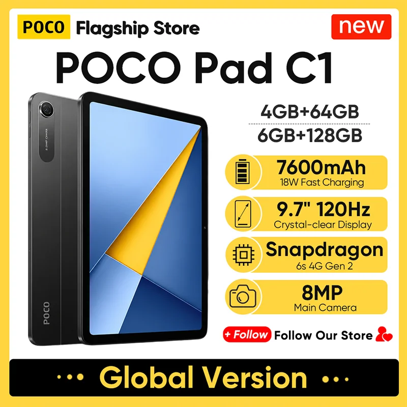 Newest POCO Pad C1 Global Version Tablet Snapdragon 6s 4G Gen 2 9.7" 2K 120Hz Display 7600mAh Battery 18W Fast Charging Wi-Fi