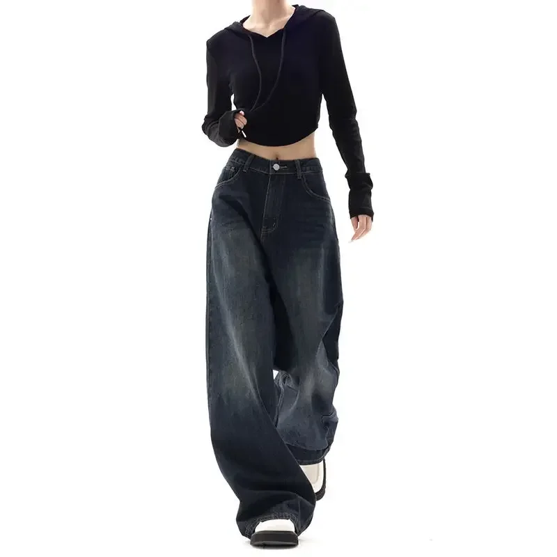 

Jeans Women Straight Pants Denim High Waist Loose Vintage Pockets Basics Floor Length Trousers Solid Color 2024 Casual Denims