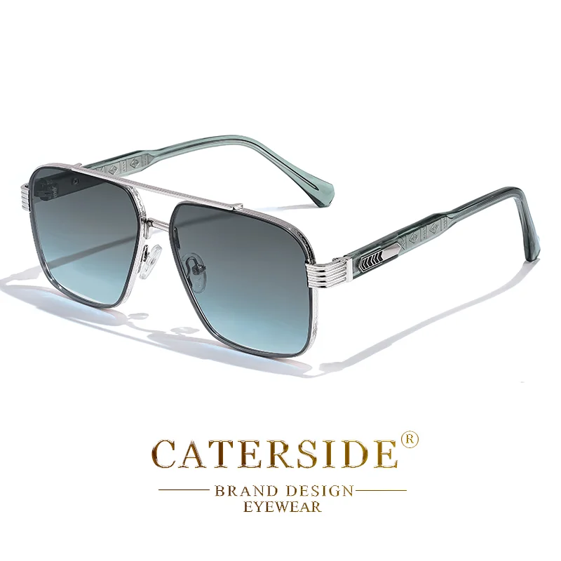 CATERSIDE Trendige Großrahmige Quadratische Sonnenbrille für Herren Metall Flacher Oberteil Doppelbrücken Sonnenbrille CP-Kern-Einsatzbügel Reisebrille – Detail 8
