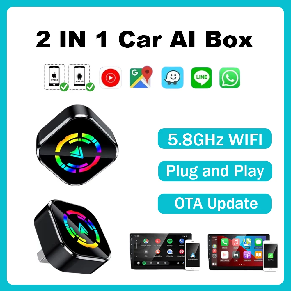 2 In1 CarPlay/Android Auto Adapter Auto Wireless Adapter Plug & Play WiFi Bluetooth Connect Car Accessories Intelligent System