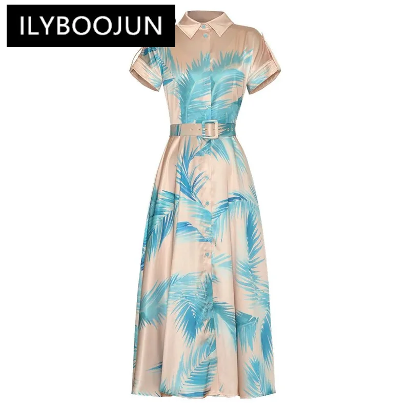 

ILYBOOJUN Summer Fashion Designer High Quality Women Dress Beach Style Temperament Print Sashes Turn-down Collar Blouses Dresses