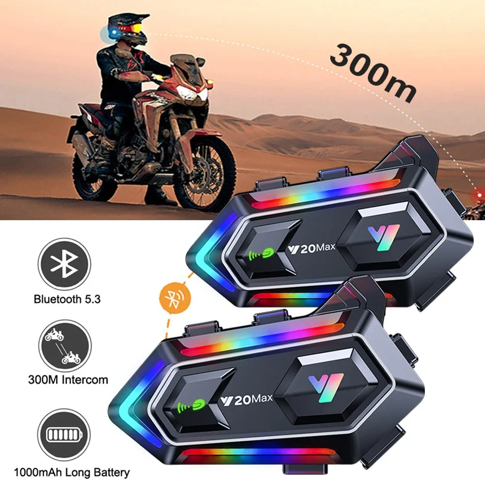 V5.3 Bluetooth Motorcycle Helmet Intercom Headset for 2 Riders Wireless Interphone Noice Reduction Handsfree 1000mah IP67 300m