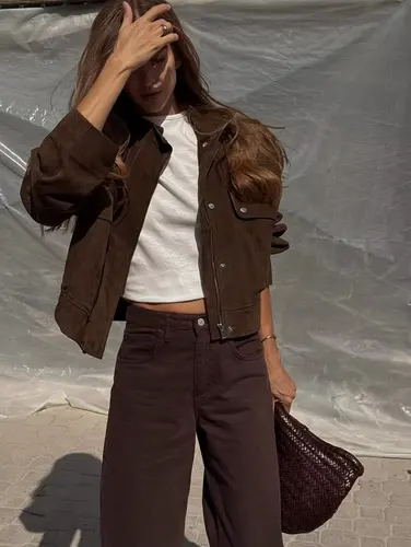 Imagen 2 del producto Tidalyf 2025 Chaqueta de gamuza sintética para mujer, cuello levantado, manga larga, bolsillo decorativo, dobladillo elástico, abrigo informal elegante de otoño