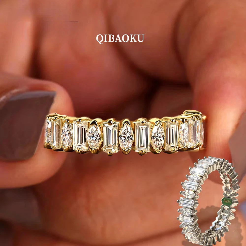 QIBAOKU 2*4mm Moissanite Rings S925 Sterling Silver Marquise&Baguette Diamond for Women Men Eternity Vintage Gift Jewelry 2026