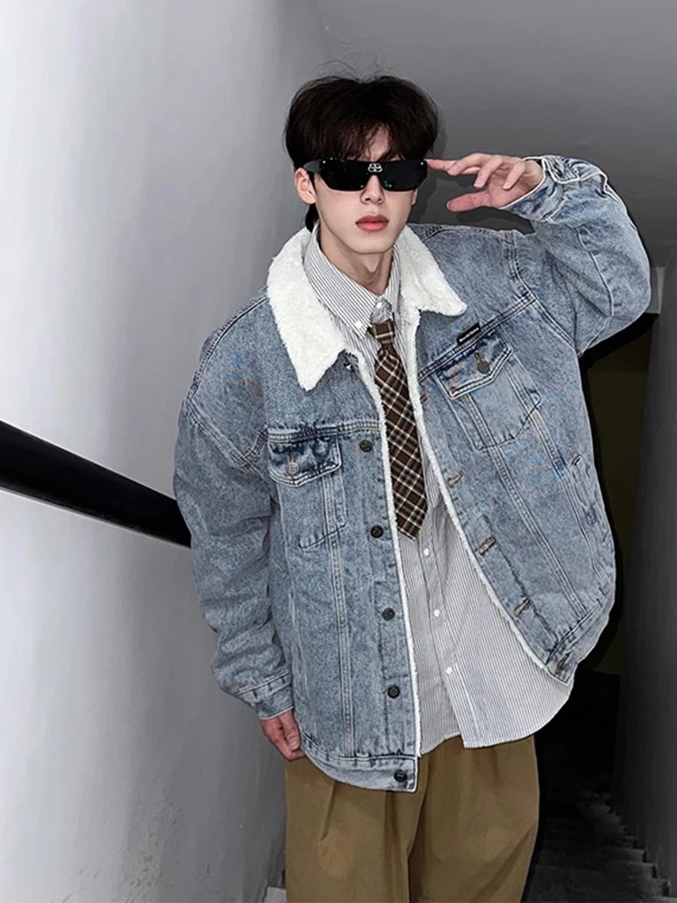 

Мужская зимняя джинсовая куртка из синего бархата с начесом, в американском уличном стиле, с отложным воротником, хлопковая, с флисовой подкладкой