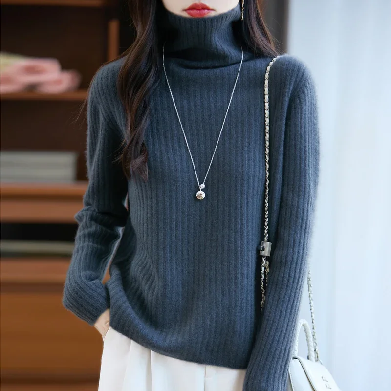 

Autumn Winter Women's 100% Merino Wool Turtleneck Sweater, Striped Knitted Pullover Long Sleeve Top (Characters: 78)