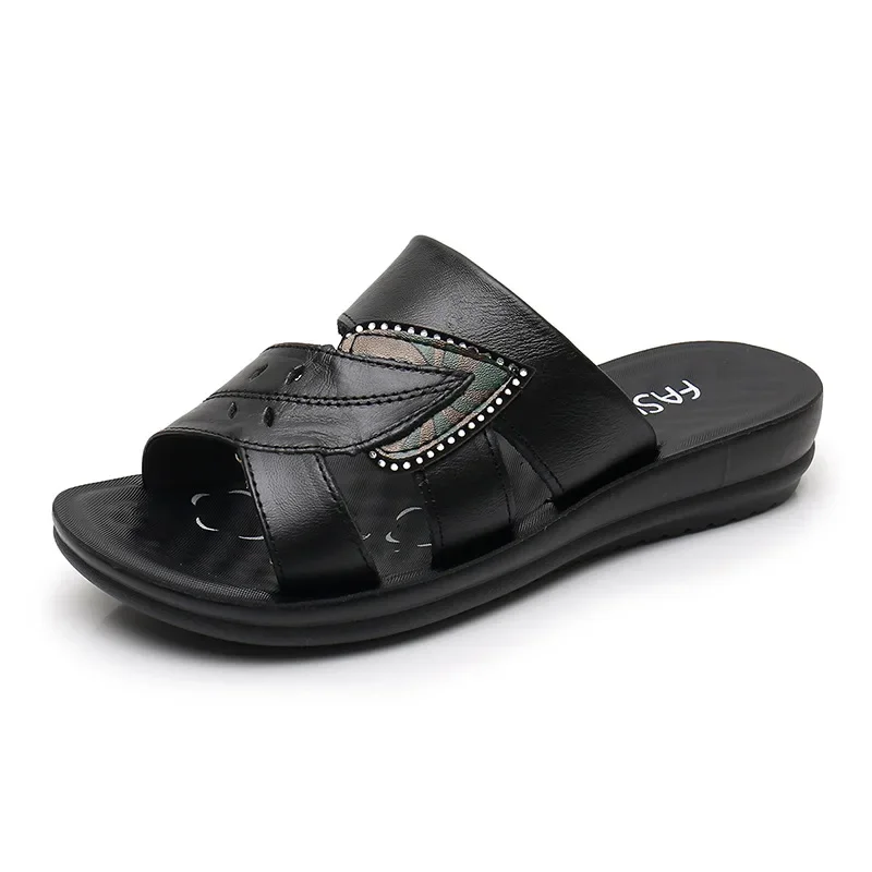 Women\'s Slippers Shoes Leather Casual Slides Summer Retro Solid Mother Footwear Wedges Flip Flops Low-heeled platform Breathable