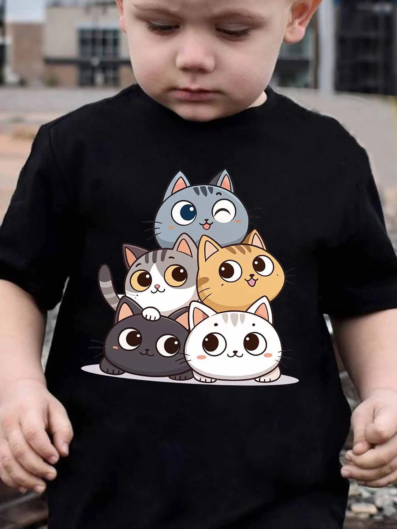 Childrens Cotton Tee Cute Stacked Cartoon Kitten Print Soft Casual Boys Girls Lovely Cat Summer Kids Daily Wear Holiday Present